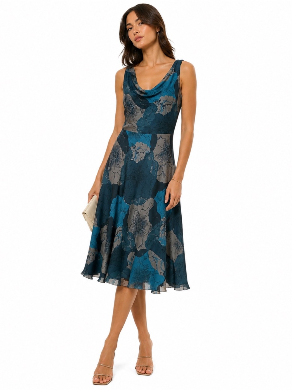 BANANA REPUBLIC 100% Silk Y2K Floral Midi Dress Blue Teal Cowl Neck Sleeveless